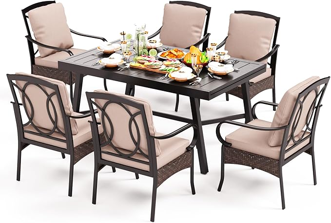 PHI VILLA Heavy Duty 7-Piece Patio Dining Sets, Expandable Outdoor Table and Chairs Set for 6, 6 Extra Large Dining Chairs, Rectangular Metal Dining Table for Deck, Backyard and Garden