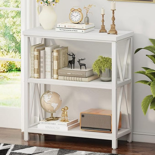 FATORRI Small Bookshelf for Small Space, Short Rustic Low Bookcase, Modern Wood and Metal Book Shelf and Narrow Book Case for Living Room, Hallway (White Oak)