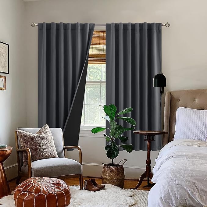 BGment 100% Room Darkening Thermal Insulated Blackout Curtains 63 Inches Long for Bedroom, Rod Pocket and Back Tab Double Layer Noise Cancelling Curtain with Liner (52 x 63 Inch, 2 Panels, Dark Grey)