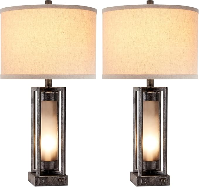 RORIANO Set of 2 Industrial Table Lamps for Living Room with USB C+A, Vintage End Table Lamp for Bedroom with Gray Nightlight, Farmhouse Rustic Desk Lamp for Bedside, 4 Bulbs Included (Iron Gray)