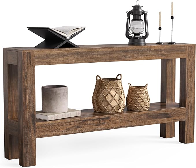LITTLE TREE 63-Inch Narrow Long Console Table for Living Room, Farmhouse Wood Entryway Table for Hallway, Sofa, Entry, Entrance, Foyer, Behind Couch with 2-Tier Shelves, Brown