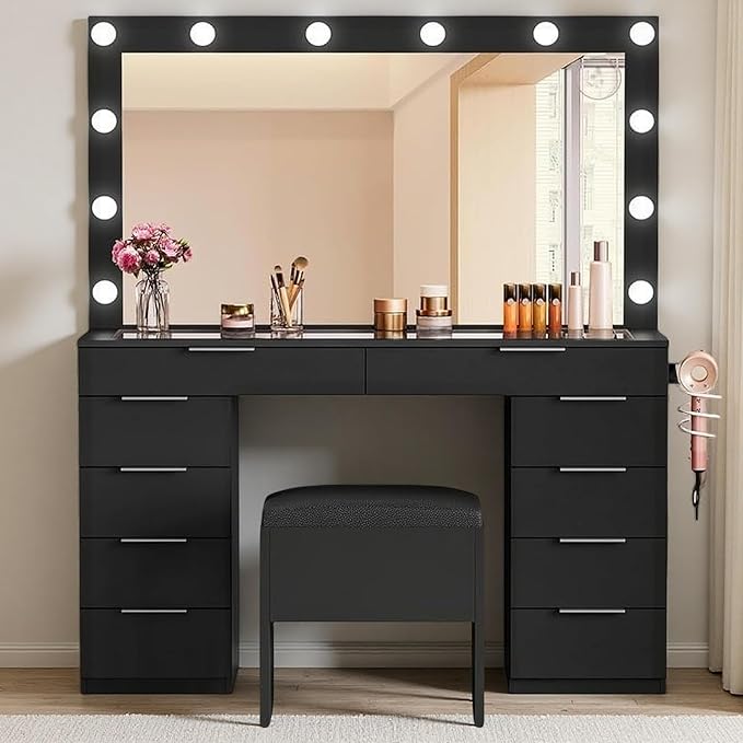DWVO 10 Drawer Large Makeup Vanity Table with Glass Top, LED Mirror, Charging Station & Cushioned Storage Stool, 46-Inch Dressing Desk Set with 3 Lighting Modes Brightness Adjustable, Dark Black