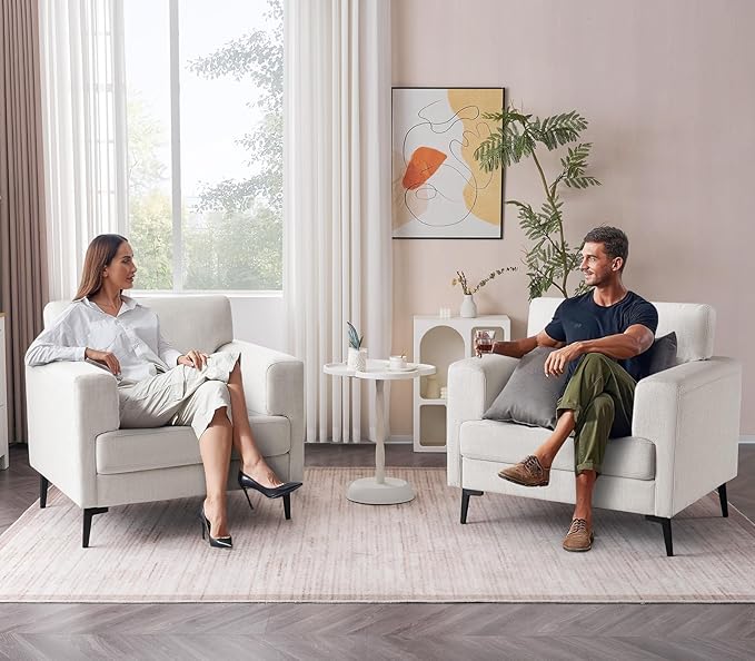 CDCASA Accent Chair, Linen Fabric Oversized Mid Century Modern Chair Set of 1, Comfy Upholstered Armchair Reading Accent Chairs Sofa Chairs for Bedroom Living Room, Beige