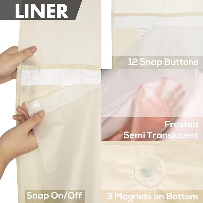 No Hook Slub Textured Shower Curtain with Snap-in PEVA Liner Set - 71" x 74"(72"), Hotel Style Beige Shower Curtain with See Through Top Window, Machine Washable & Water Repellent, Linen, 71x74