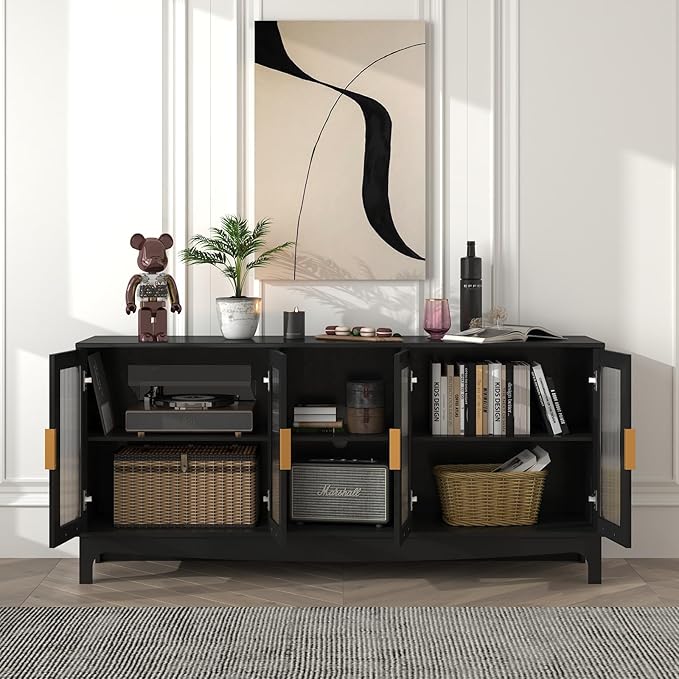 65 Inch Black TV Stand for TVs up to 70+ inch, Mid Century Modern Glass Door TV Console Table, Entertainment Center with Storage Cabinet, Wood Media Console for Bedroom, Living Room (Black)