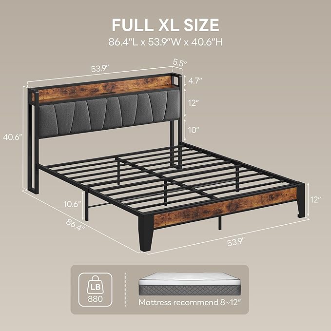 LIKIMIO Full XL Bed Frame, Storage Headboard with Charging Station, Solid and Stable, Noise Free, No Box Spring Needed, Easy Assembly