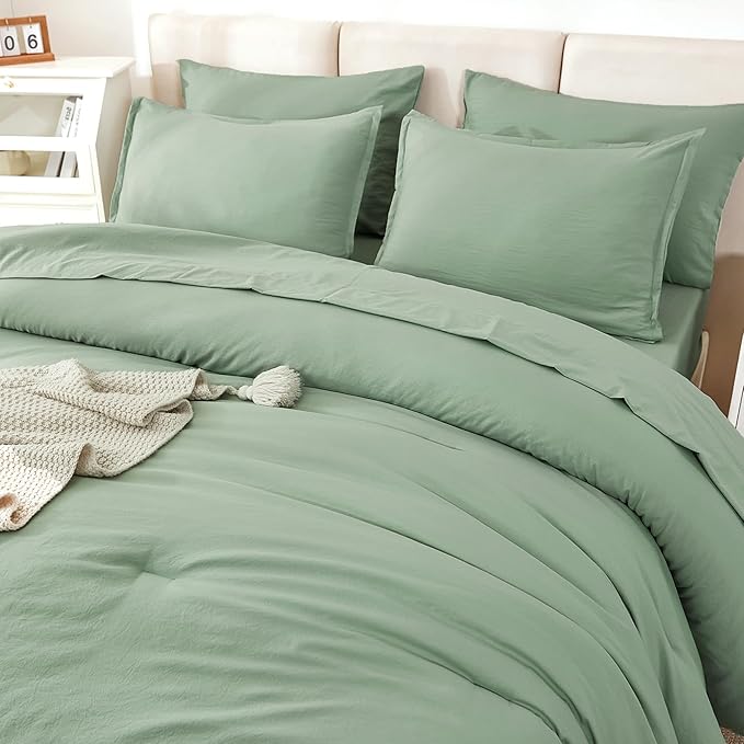 Litanika Comforter Full Size Set Sage Green - 7 Pieces Bed in a Bag Full Bedding Comforter Sets, Plain Lightweight Bed Set with Comforter, Sheets, Pillowcases & Shams