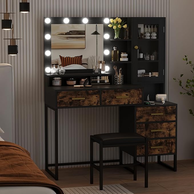GarveeHome Large Makeup Vanity and Stool, Vanity Desk with Mirror and Lights, Makeup Table with Charging Station, Vanity Table with Drawers and LED Bulbs, Black