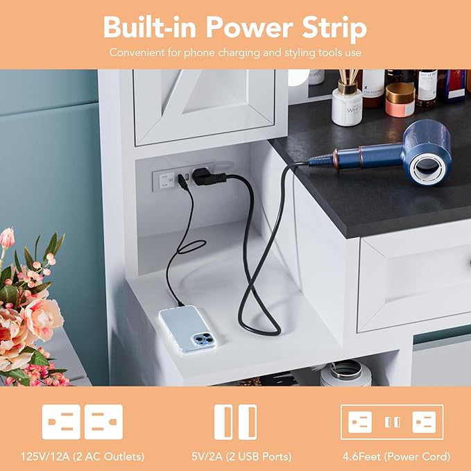 Likein Vanity Desk with Mirror and Lights, Makeup Vanity Set with 4 Drawers & Storage Cabinet, Power Outlet, White Vanity Dressing Table with 3 Lighting Modes Adjustable for Girl Bedroom