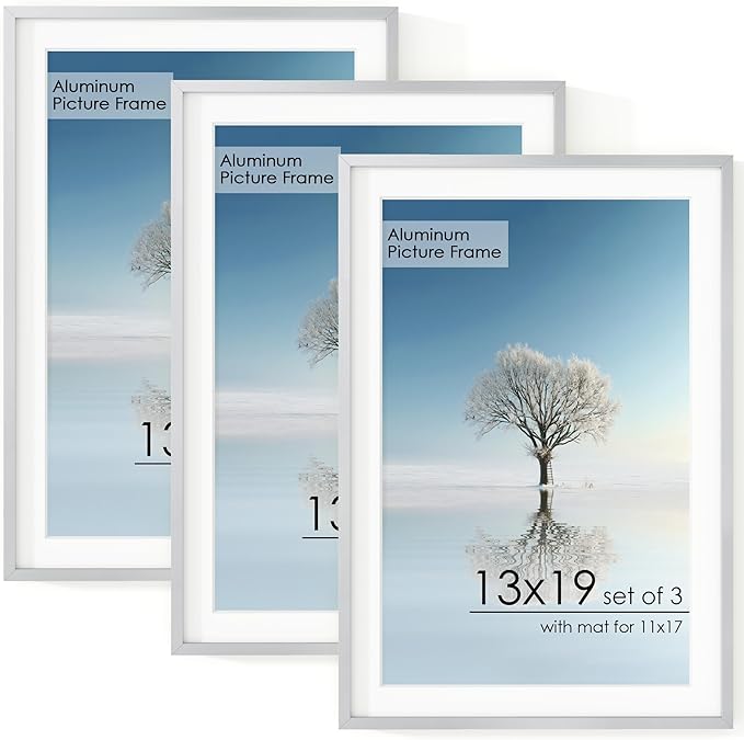 13x19 Metal Picture Frame for Wall With Mat for 11x17, 13''x19'' Aluminum Photo Frames With Tempered Glass for Home Decor, Minimalist Modern Poster Frame Horizontal And Vertical Formats, 3 PCs, Silver