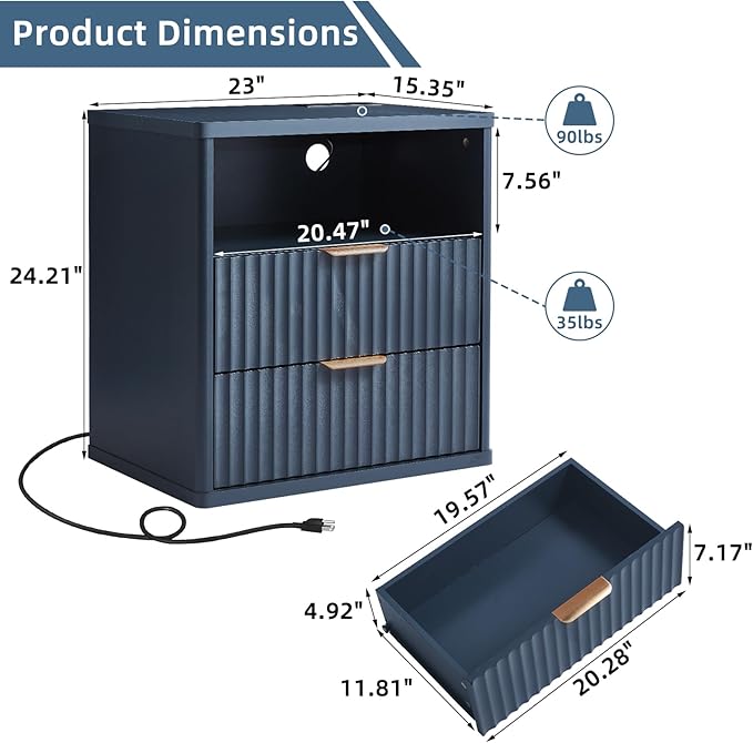 LEYAOYAO Fluted Nightstand Set of 2 with Charging Station,23" Modern Nightstand with Woodgrain Top, 2 Drawer End Table w/Storage, BedsideTables for Bedroom, Living Room, Curved Profile,Blue