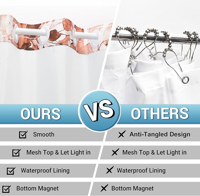 No Hook Shower Curtain with Snap in Liner - Eucalyptus Shower Curtain - Washable Waterproof Inner Liner, Plants Blush Leaves Modern Shower Curtains - Machine Washable, 71 x 74