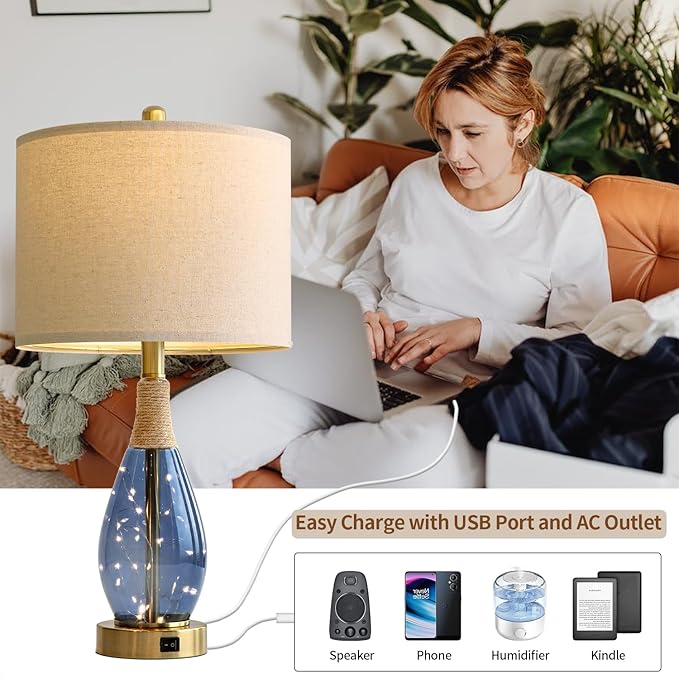 OYEARS 23" Table Lamps for Living Room Set of 2 Bedside Lamps for Night Stands Bedroom Lamps Farmhouse Rattan Boho Lamp Glass Nightlight End Table Lamp with USB C+A (Blue),Two Light Points