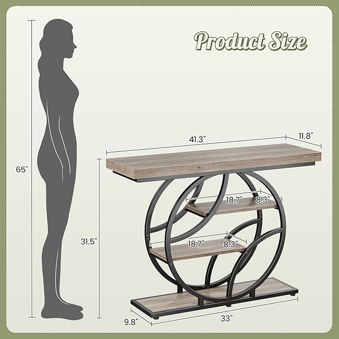Huuger 41.3 Inch Entryway Table, Modern Console Sofa Table, Accent Table with Shelves, for Entry, Hallway, Entrance, Foyer, O-Shaped Metal Frame, Grey