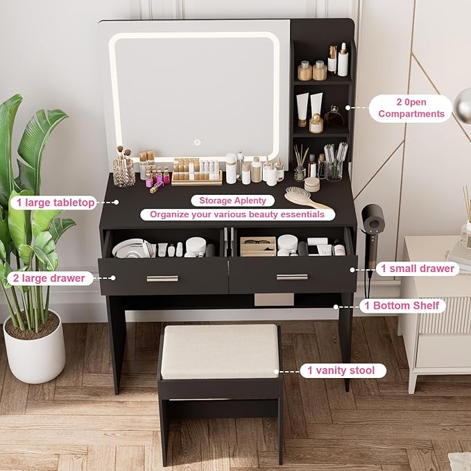 Makeup Vanity with Lighted Mirror & Electrical Outlet - 2 Shelves, 2 Drawers, Bottom Storage - Comes with Upholstered Stool （Black）