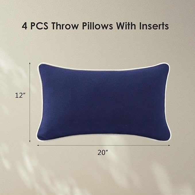 Decorative Outdoor Water Repellent Throw Pillows with Inserts, Set of 4, 20" x12" Pillows for Patio, Backyard, Bed, Couch, and Patio Furniture, Navy