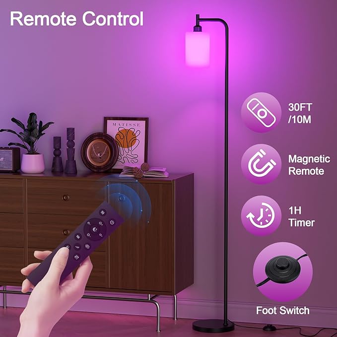 RGB Floor Lamps for Living Room, Dimmable Industrial Standing Lamp with Remote Control for Bedroom Office Corner, 3 Colors Temperature, White Glass Shade, 9W RGB LED Bulb