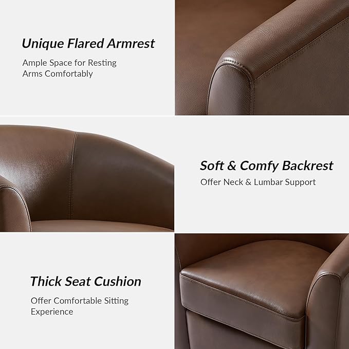 HULALA HOME Genuine Leather Swivel Accent Chairs Set of 2 with Solid Wood Base, Round Swivel Barrel Chairs for Living Room and Bedroom, Brown