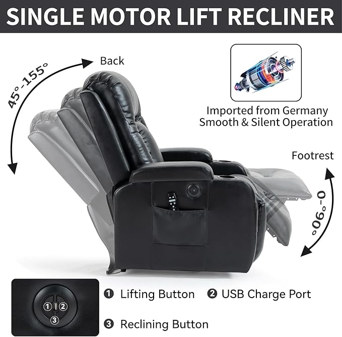 PELUMY Power Lift Recliner Chair for Elderly with Massage & Heat - Heavy Duty Electric Lift Chair, Oversized Recliner, Lay Flat, 8-Point Vibration, Lumbar Heating, USB Port, Cup Holders (Black)