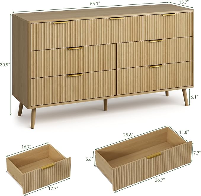 LYNSOM 55" Wide Fluted Dresser for Bedroom with 7 Drawer, Modern Chest of Drawers with Curved Profile Design and Metal Handles, Wood Dresser TV Stand & Storage Organizer for Living Room, Oak