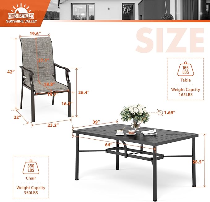 7 Piece Patio Dining Sets for 6, Black Outdoor Table and Chairs Set with 1 Wood-Like Patio Table(1.57"-1.9" Hole) and 6 Textilene Patio Chairs, Outdoor Dining Sets for Deck Backyard