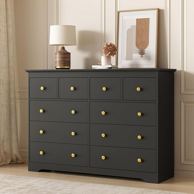 LYNSOM Modern 10 Drawer Dresser, 55.1" Wide Dressers & Chests of Drawers with Large Capacity Storage, Mid Century Black Dresser for Bedroom, Hallway, Black