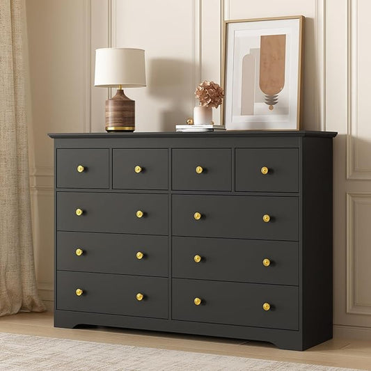 LYNSOM Modern 10 Drawer Dresser, 55.1" Wide Dressers & Chests of Drawers with Large Capacity Storage, Mid Century Black Dresser for Bedroom, Hallway, Black