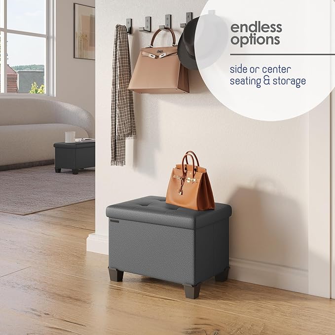 STORAGEBUD Storage Ottoman Cube with Small Bin, 16-in Square Ottoman with Storage for Living Room and Bedroom, Small Ottomans Foot Rest, Faux Leather Foot Stools Ottomans Max 330lbs, Grey