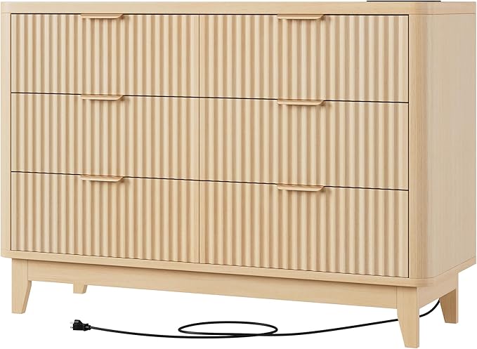 HAIOOU Fluted 6 Drawer Dresser with Power Outlet, 47.2” Wide Modern Chest of Drawers, Curved Profile Design Wooden Dresser for Bedroom, Clothing Storage Organizer TV Stand for Closet - Natural Oak