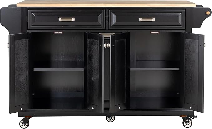 Cambridge Mobile Kitchen Island on Wheels with Storage and Wood top, Rolling Island with Spice Rack and Towel Holder, L60.5 x W18.13 x H36.75IN Island Table for Kitchen, (Black)