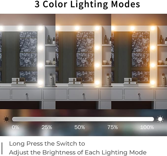 Vanity Desk with Power Outlet, 10 Drawers Makeup Vanity with Mirror and Lights, 3 Colors Adjustable, Fold-up Panel, Glass Top Vanity Set for Bedroom