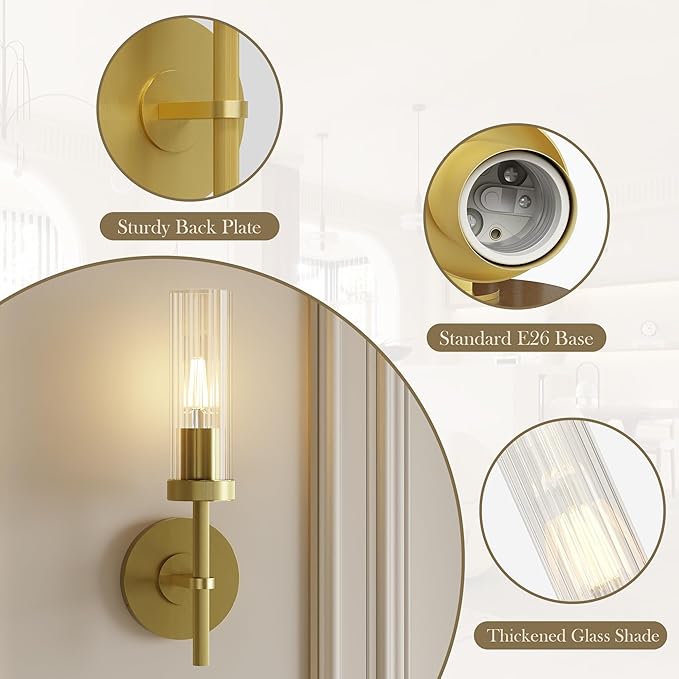 Wall Sconces Set of 2 (with 2 Bulbs), Modern Bathroom Wall Sconces Lighting with Thickened Glass, Hardwired Wall Mount Light Fixtures for Bathroom, Bedroom, Hallway, Living Room(Gold)