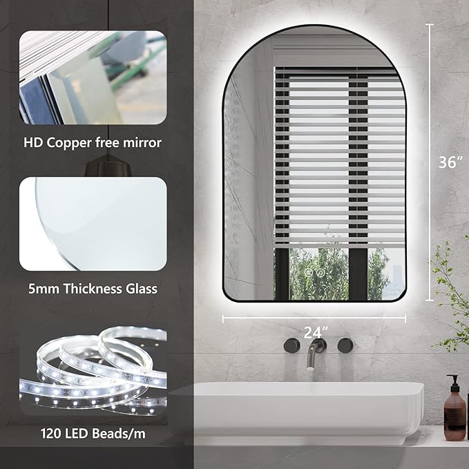 Niccy Arched LED Lighted Bathroom Mirror, 36x24 Inch Backlit Vanity Mirror with Lights Brushed Black Framed Wall Mounted Mirrors with Dimmable 3 Color Shatterproof Arch Smart Fog Free Mirror
