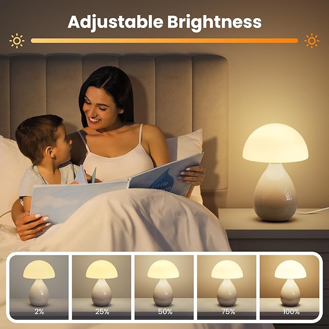 Mushroom Lamp Small Vintage Table Light, Mini Modern Lamp Bedside Nightstand LED, Small Light Dimmable for Bedroom, Living Room, Ceramic Base Glass Led Home Decor for Woman Gifts