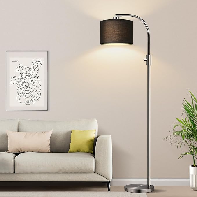 【Upgraded】 Dimmable Floor Lamp, 1200 Lumens LED Bulb Included, Brushed Nickel Arc Floor Lamps for Living Room Modern Standing Lamp with Black Shade, Tall Lamp for Living Room Bedroom Office Office