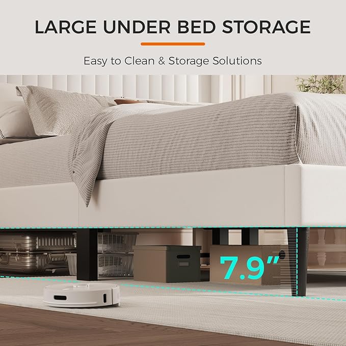 Casaottima Queen Bed Frame Upholstered Platform Bed with Wingback Headboard, Wooden Slats Support, Noise-Free Mattress Foundation, No Box Spring Needed, Easy Assembly, Vertical Stripe Cream White