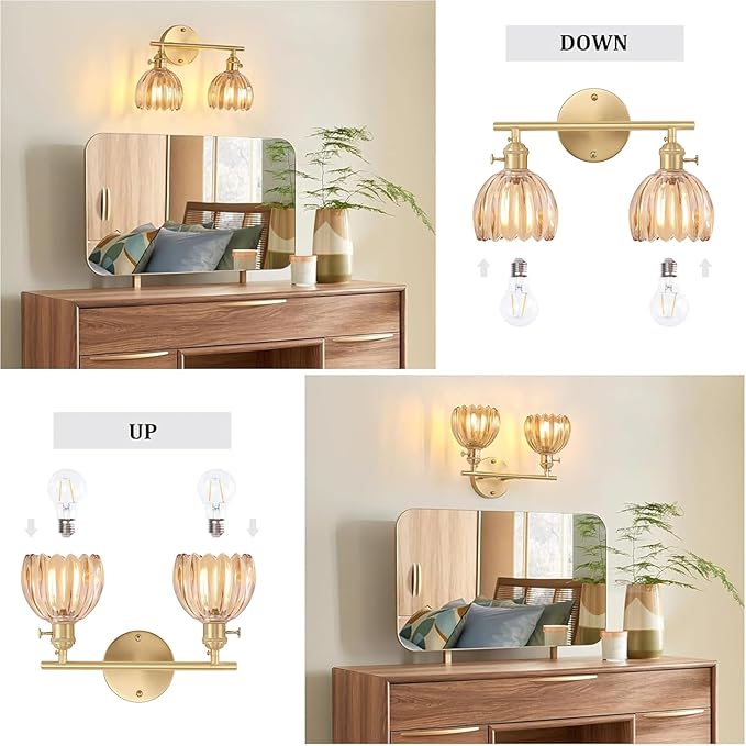 Bathroom Light Fixtures, 2-Light Brass Vanity Wall Light Over Mirror with Amber Tulip Glass Shade for Bedroom Living Room