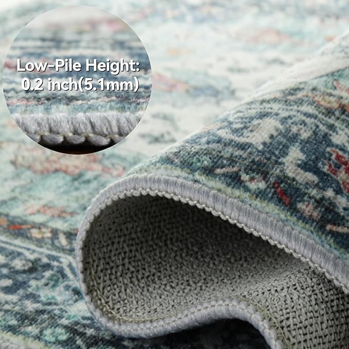 Area Rugs 4ft Washable Non-Slip, Floral Vintage Distress Print Pattern Medallion Carpet for Living Room Bedroom Dining Room, Green Navy Blue White Red Teal Colorful