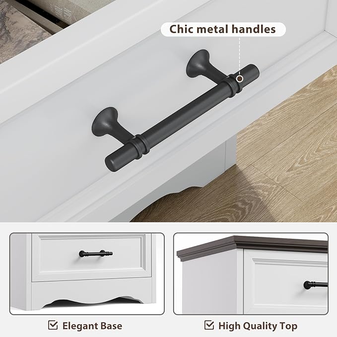 Farmhouse Nightstand with Charging Station, 19.7" End Table with 3 Drawers Storage, White Wooden Night Stand, Bedside Table with Unique Base Design, 3 Drawer Dresser for Bedroom, Living Room