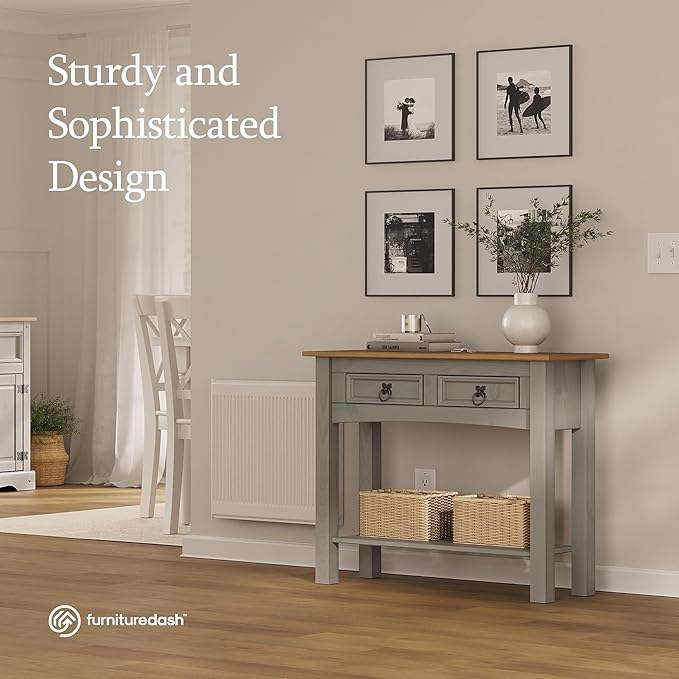 Solid Wood Hall Table Console 34.49" W, 12.64" D, 28.82" H - Farmhouse Entryway Table with 2 Drawers, Office Hallway Foyer, Wooden Storage, Cupboard Console Table