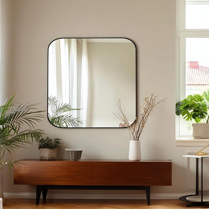 KOCUUY 30"x30" Square Rectangle Vanity Mirror, Black Metal Frame Mirror with Rounded Corner, Modern Design of Upgraded Shatterproof Glass for Bathroom, Bedroom, Living Room, Entryway