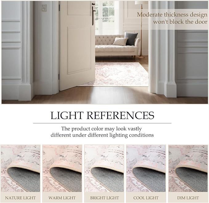 Area Rugs 2'x3' Washable Non-Slip, Floral Vintage Distress Print Pattern Medallion Carpet for Living Room Bedroom Dining Room, Pink Greypink Cute