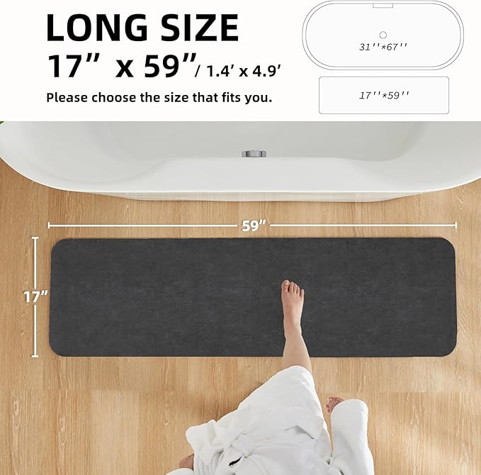 Bath Mat, Bathroom Rugs Non Slip Washable Thin Absorbent Quick Dry Bath Mat Fits Under Door Bathroom Floor Mat Perfect for Bath, Shower, or Sink 17"x59" Dark Grey
