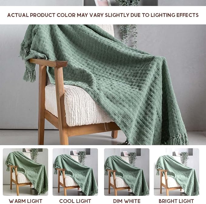 Folkulture Throw Blanket | (60 x 50) Chunky Knit Blanket for Bed, Couch | Boho Chenille White Thick Knitted Throw Blanket | Ultra Soft, Plush, Lightweight, Machine Wash and Giftable (Sage Dream)