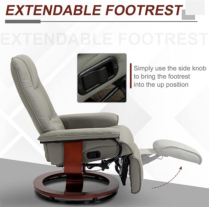 HOMCOM Faux Leather Manual Recliner, Adjustable Swivel Lounge Chair with Footrest, Armrest and Wrapped Wood Base for Living Room, Gray