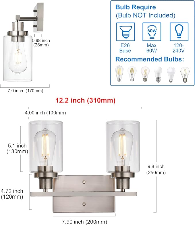 MELUCEE Metal Wall Lights with Clear Glass Shade 2 Heads Bathroom Light Fixtures Brushed Nickel Modern Vanity Lights Sconces for Hallway Bedroom Kitchen (Patent No.: US D963914 S)