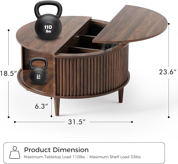 Round Coffee Table with Storage, Fluted Lift Top Coffee Table for Living Room, 31.5" Mid Century Modern Center Table with Sliding Cabinet Door, Walnut