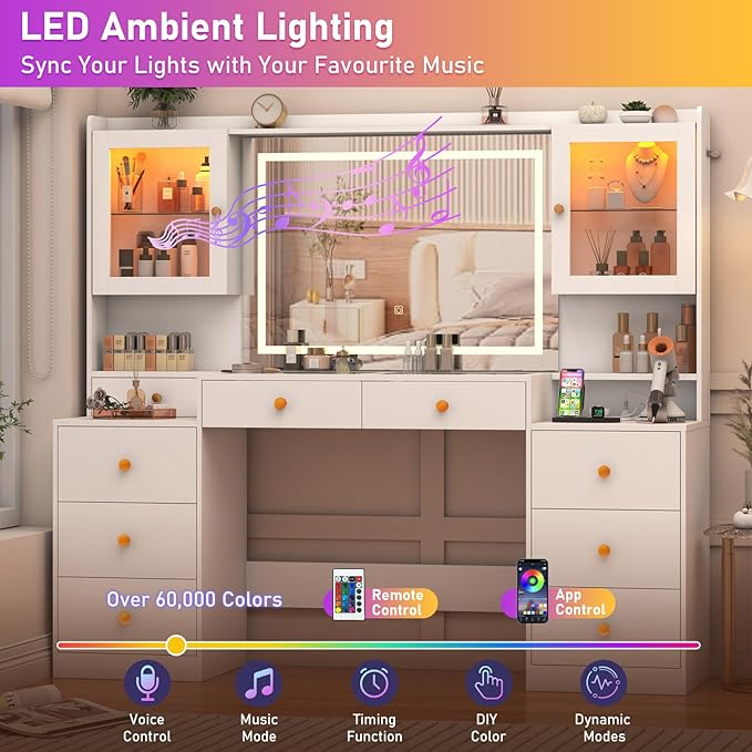 62" Large White Vanity Desk w/ Tempered Glass Top,60000-color LED Lights,Power Outlet, Make up Vanity w/ 3 Lights Mode LED Mirror,9 Drawers,2 RGB Cabinet LEDs Vanitys Table for Women,Girls