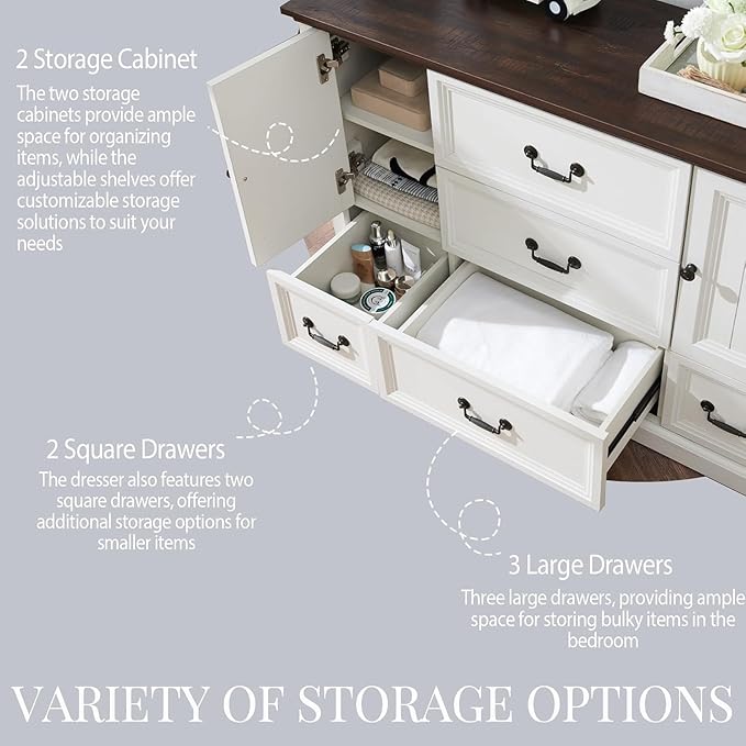 Farmhouse 5 Drawers Dresser for Bedroom, Wood Rustic Storage Organizer Closet Chest, Chest of Drawers w/Groove Barn Door&Shelf for Closet, Living Room, Dining Room, Hallway-White