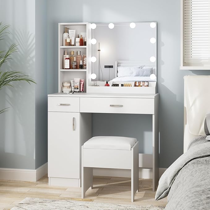 Fameill White Vanity Desk with Mirror and Lights,Makeup Vanity with 2 Drawers Lots Storage,Makeup Table with Lighted Mirror,3 Lighting Colors, Brightness Adjustable,35in(L)